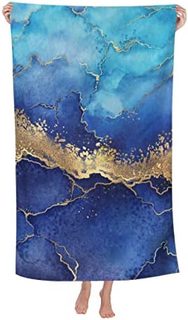 DADABULIU Blue Marble Bath Towel with Gold Design