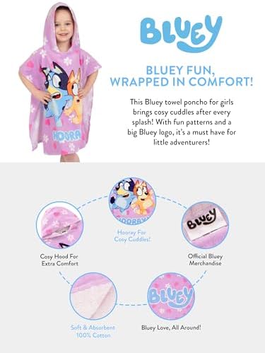 Bluey Poncho Kids Cotton Beach Towel Perfect for Swimming Warm Weather