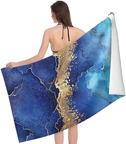 DADABULIU Blue Marble Bath Towel with Gold Design