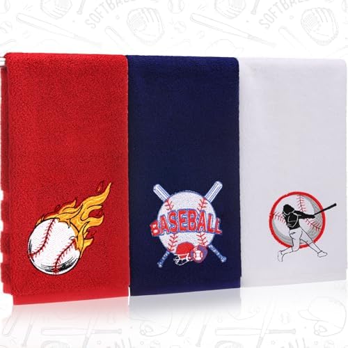 Baseball Towels Set 14x29 - 3-Piece Red Blue White Embroidered - Soft Cotton