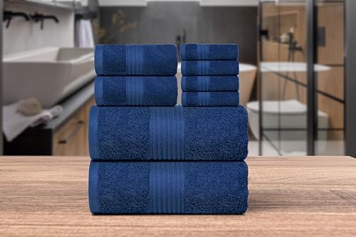 Luxury Cotton 8-Piece Towel Set - navy Blue Soft Durable