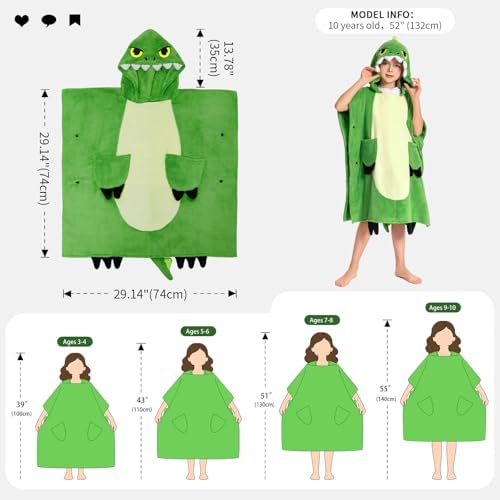 OLAOLA Dinosaur Hooded Kids Beach Towels for 3-12 Years Boys Girls