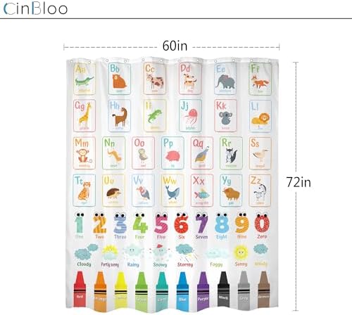 Cinbloo Alphabet ABC Kids Shower Curtain 60Wx72H Cute Animal Wooden Design