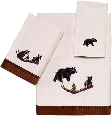 Avanti Linens 3pc Soft Cotton Towels Set Black Bear Collection Ivory