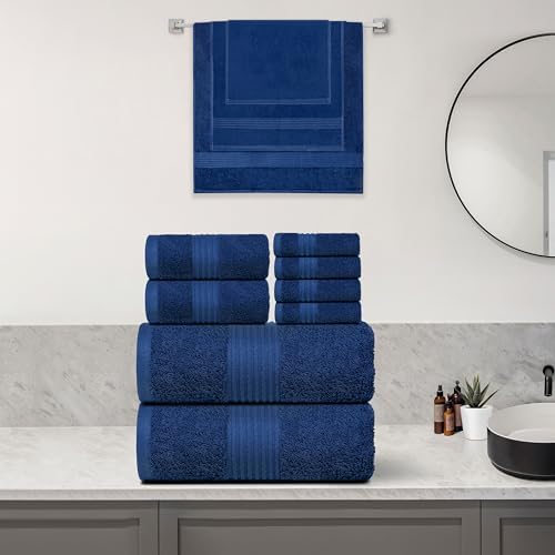 Luxury Cotton 8-Piece Towel Set - navy Blue Soft Durable