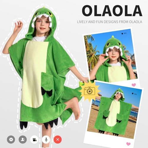 OLAOLA Dinosaur Hooded Kids Beach Towels for 3-12 Years Boys Girls