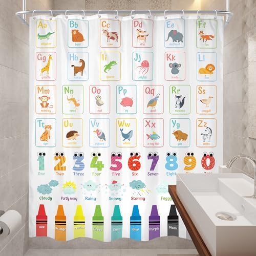 Cinbloo Alphabet ABC Kids Shower Curtain 60Wx72H Cute Animal Wooden Design