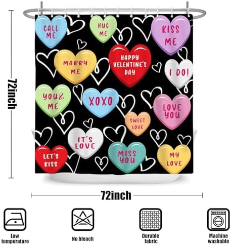 Happy Valentines Day Cute 72x72 Red Black Hearted Shower Curtain for Girls