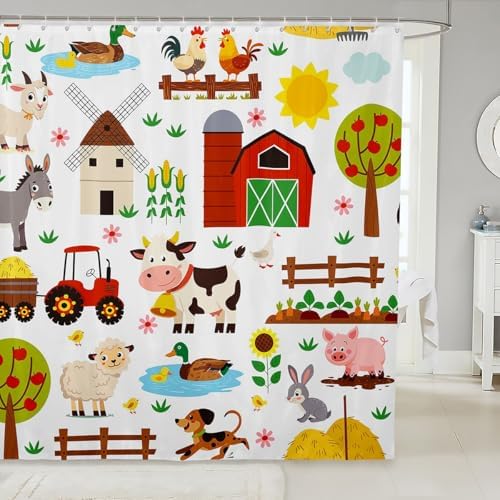 Feelyou Cartoon Tractor Bath Curtain Cute Farm Animals 72x72 Bath Gibson