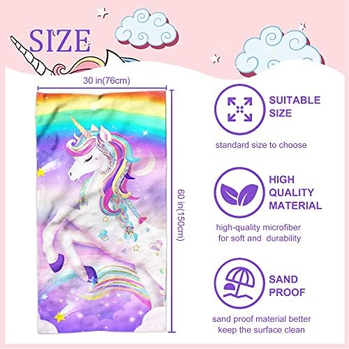 Unicorn Beach Towel for Girls 30 x 60