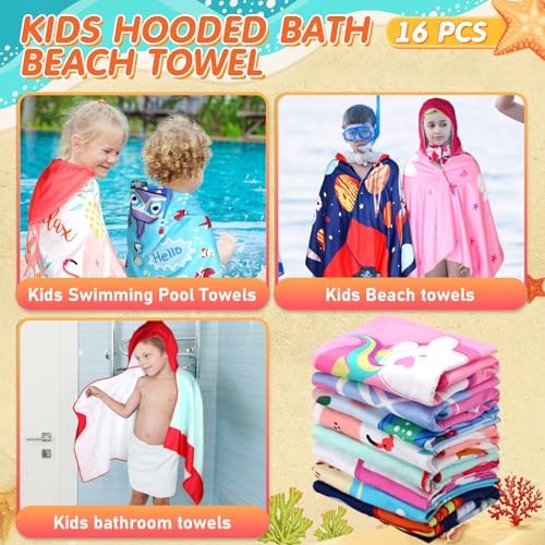 8-Style Kids Hooded Beach Towels x16 Toddler-friendly Quick-Dry