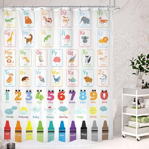 Cinbloo Alphabet ABC Kids Shower Curtain 60Wx72H Cute Animal Wooden Design