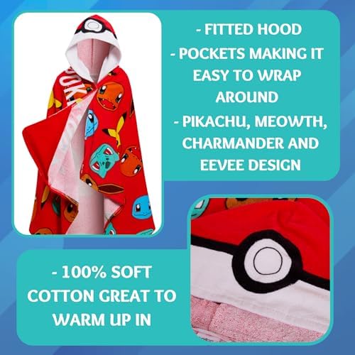 Pokemon 100 Cotton BatHTowel One-Piece Hooded Kids Bath Towel with Pockets