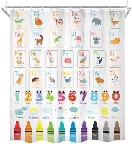 Cinbloo Alphabet ABC Kids Shower Curtain 60Wx72H Cute Animal Wooden Design