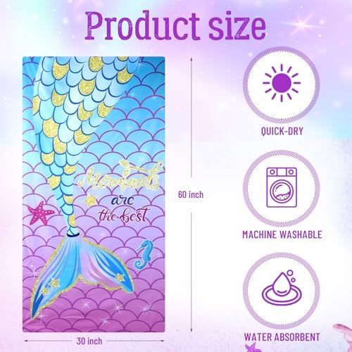 Kinlop Mermaid Beach Towels for Kids Quick Dry Party Essentials