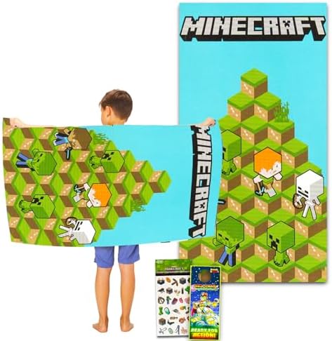 Personalized Minecraft bath towel set for kids - Boys bathroom essentials with stickers