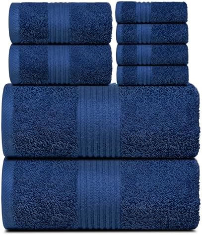Luxury Cotton 8-Piece Towel Set - navy Blue Soft Durable