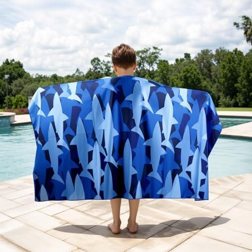MelonBoat Large Microfiber Beach Towel Navy Blue Shark Sand-Free Bucket Eligible