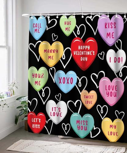 Happy Valentines Day Cute 72x72 Red Black Hearted Shower Curtain for Girls