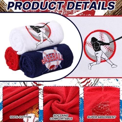 Baseball Towels Set 14x29 - 3-Piece Red Blue White Embroidered - Soft Cotton