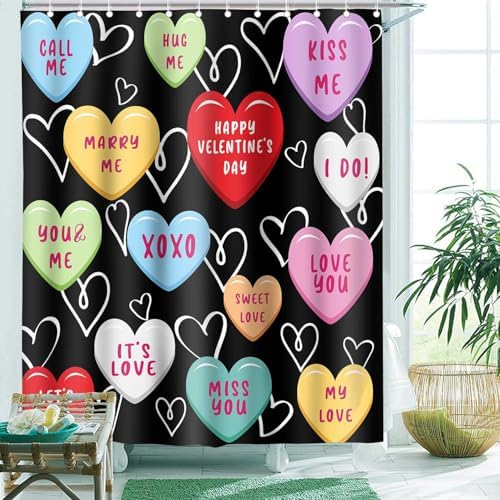 Happy Valentines Day Cute 72x72 Red Black Hearted Shower Curtain for Girls