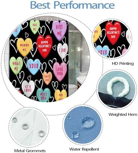 Happy Valentines Day Cute 72x72 Red Black Hearted Shower Curtain for Girls