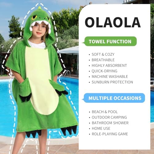 OLAOLA Dinosaur Hooded Kids Beach Towels for 3-12 Years Boys Girls
