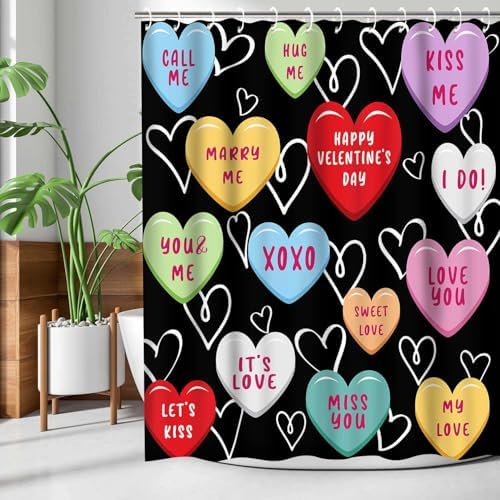 Happy Valentines Day Cute 72x72 Red Black Hearted Shower Curtain for Girls