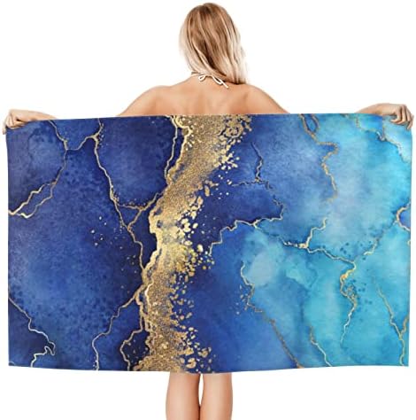 DADABULIU Blue Marble Bath Towel with Gold Design