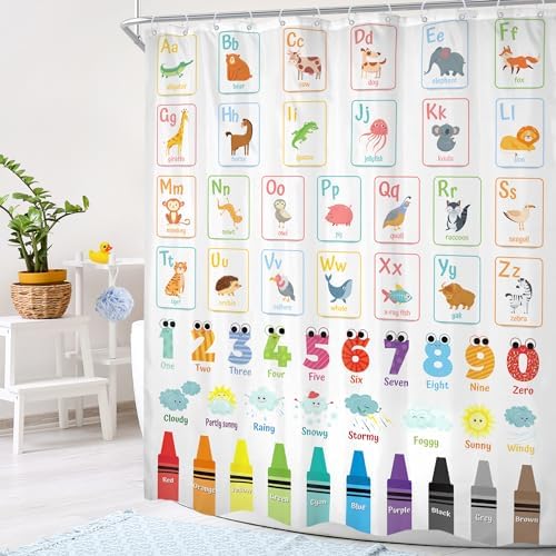 Cinbloo Alphabet ABC Kids Shower Curtain 60Wx72H Cute Animal Wooden Design
