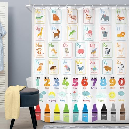 Cinbloo Alphabet ABC Kids Shower Curtain 60Wx72H Cute Animal Wooden Design