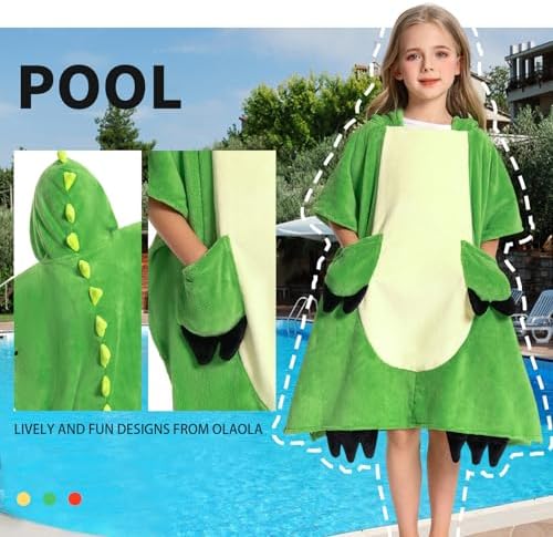 OLAOLA Dinosaur Hooded Kids Beach Towels for 3-12 Years Boys Girls