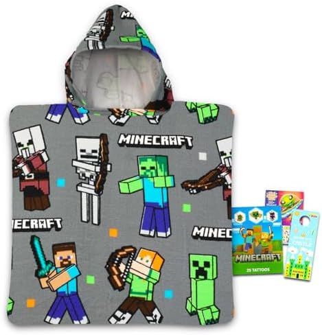 Minecraft Kids Bath Towels - Hooded Poncho Set with Tattoos
