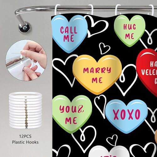 Happy Valentines Day Cute 72x72 Red Black Hearted Shower Curtain for Girls