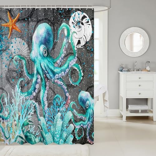 Jejeloiu Octopus Bath Curtain for Kids Teens 72x72